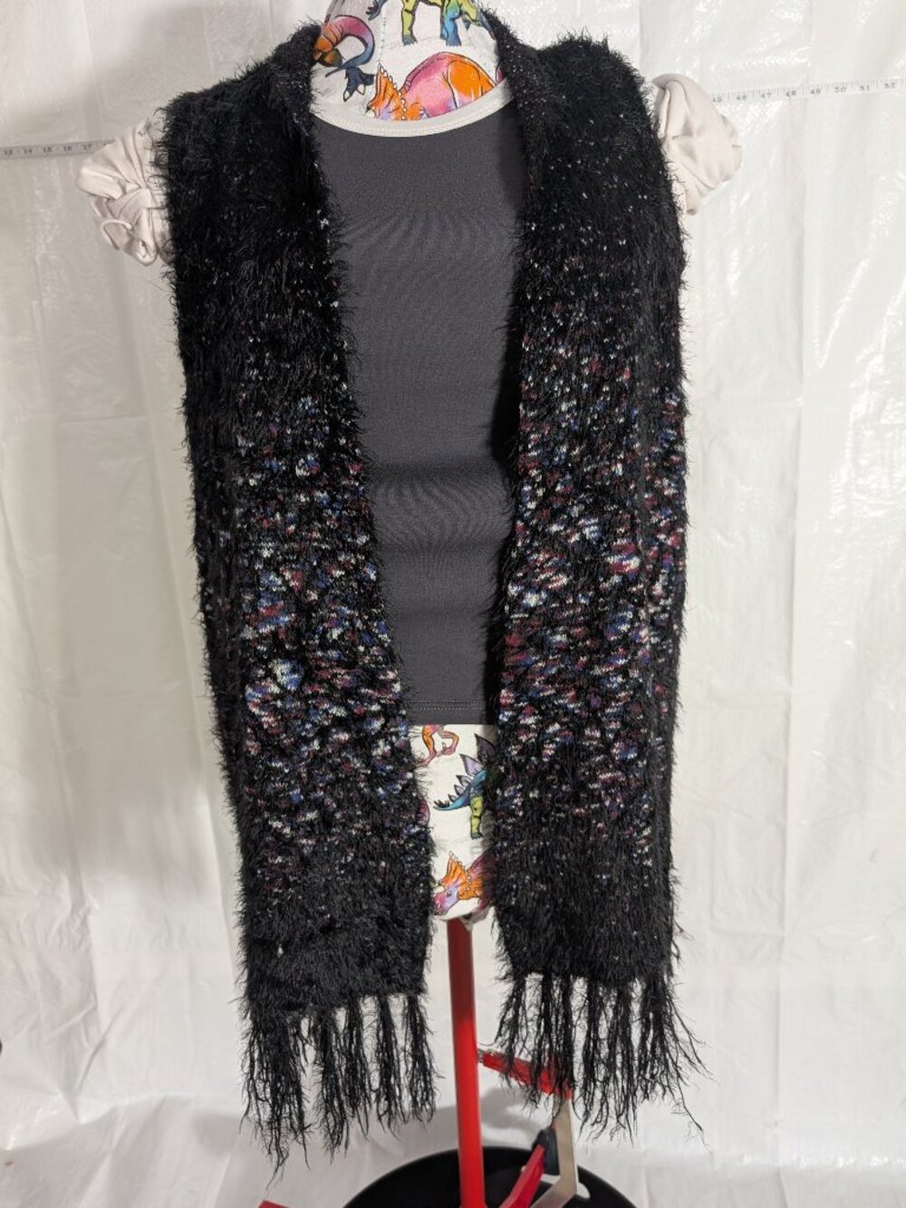 Investments II Plus Size 2X Black Eyelash Knit Fringe Open Front Cardigan Vest